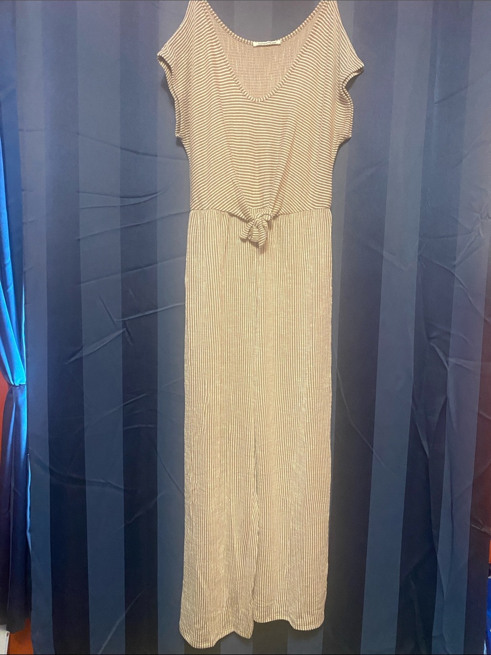 Striped Cream Maxi Dress with Front Tie